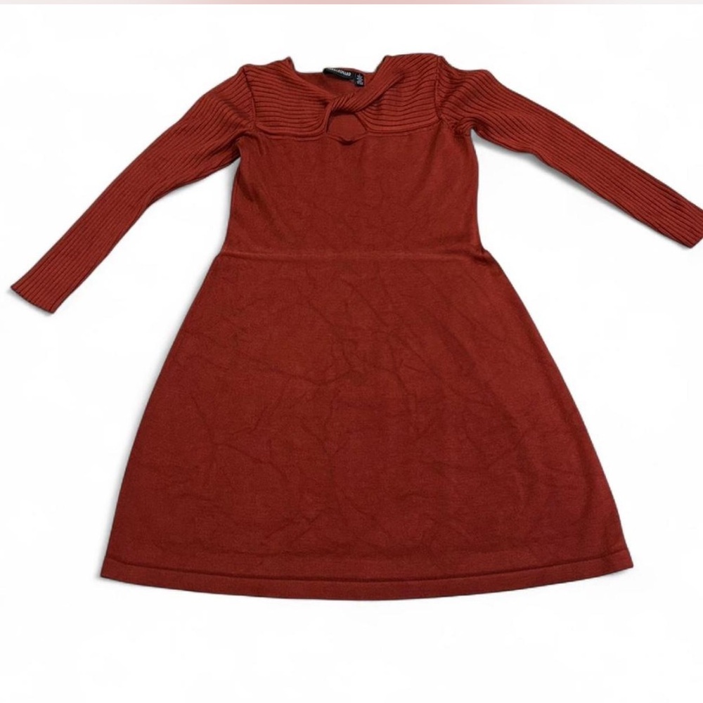 Nina Leonard Rust Orange Brown Knit Fit Flare Long Sleeve Dress Keyhole Detail